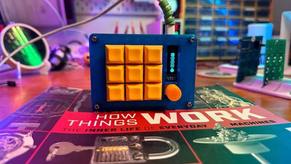 A blue CoryDora macropad with nine orange keys, an OLED screen, and a rotary encoder