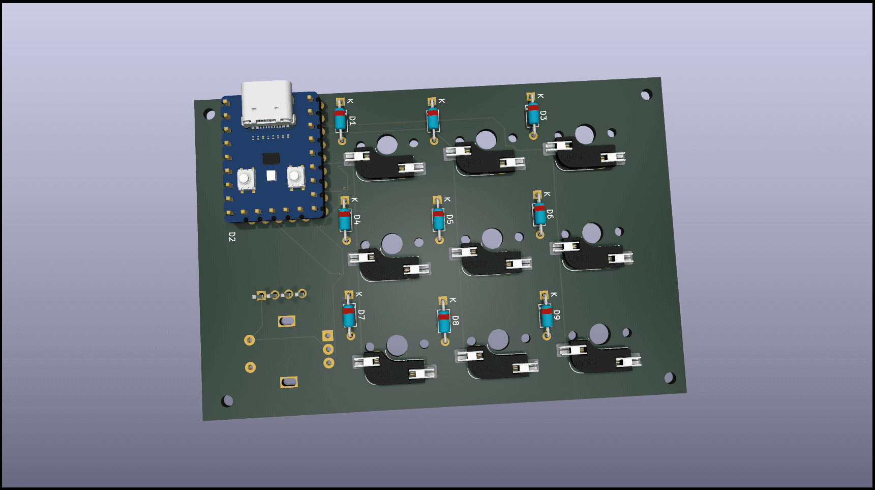 Back render of the CoryDora PCB showing the RP2040 Zero, diodes, and hot-swap sockets