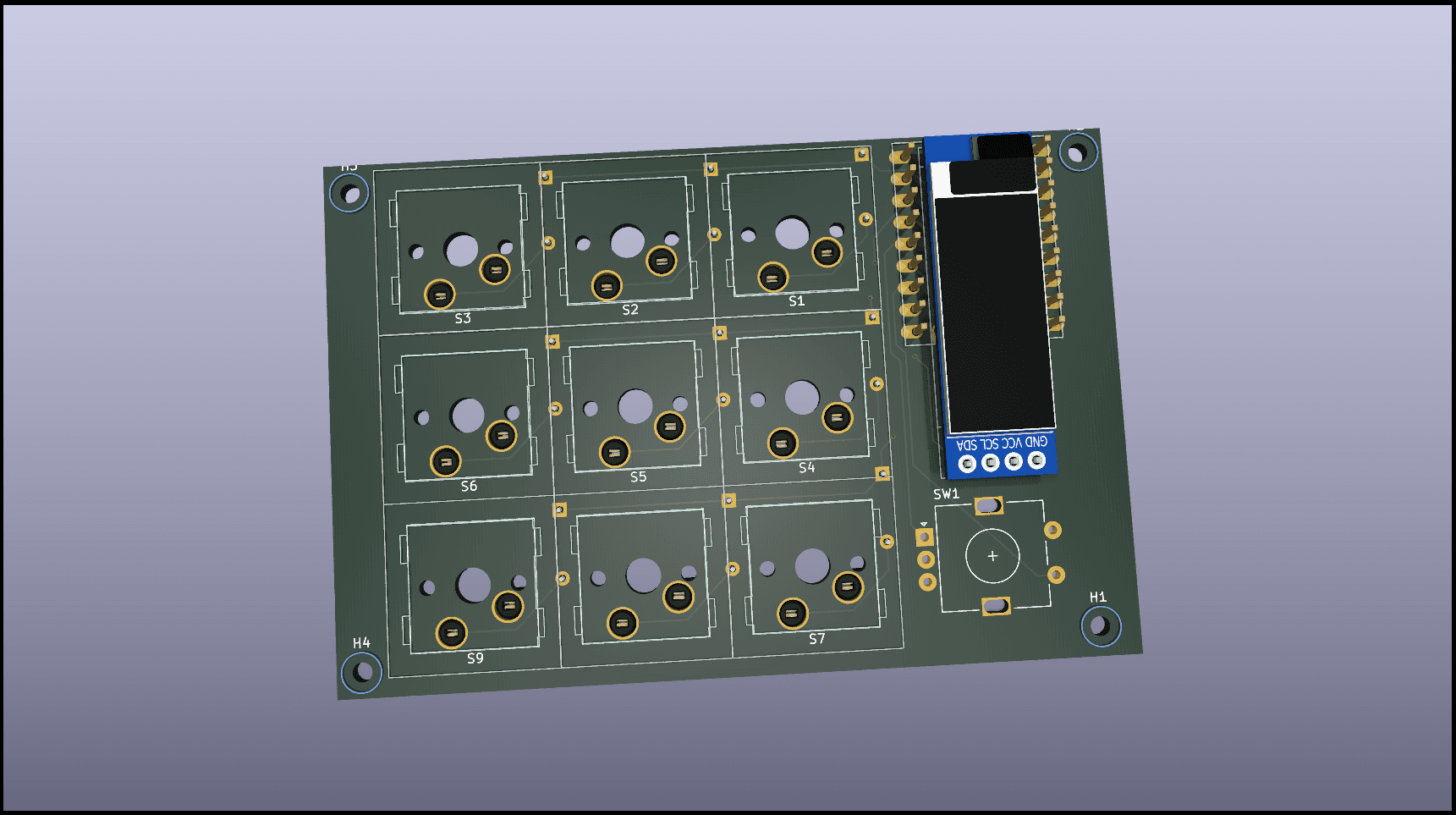 Front render of the CoryDora PCB showing the nine switch positions, OLED display, and rotary encoder