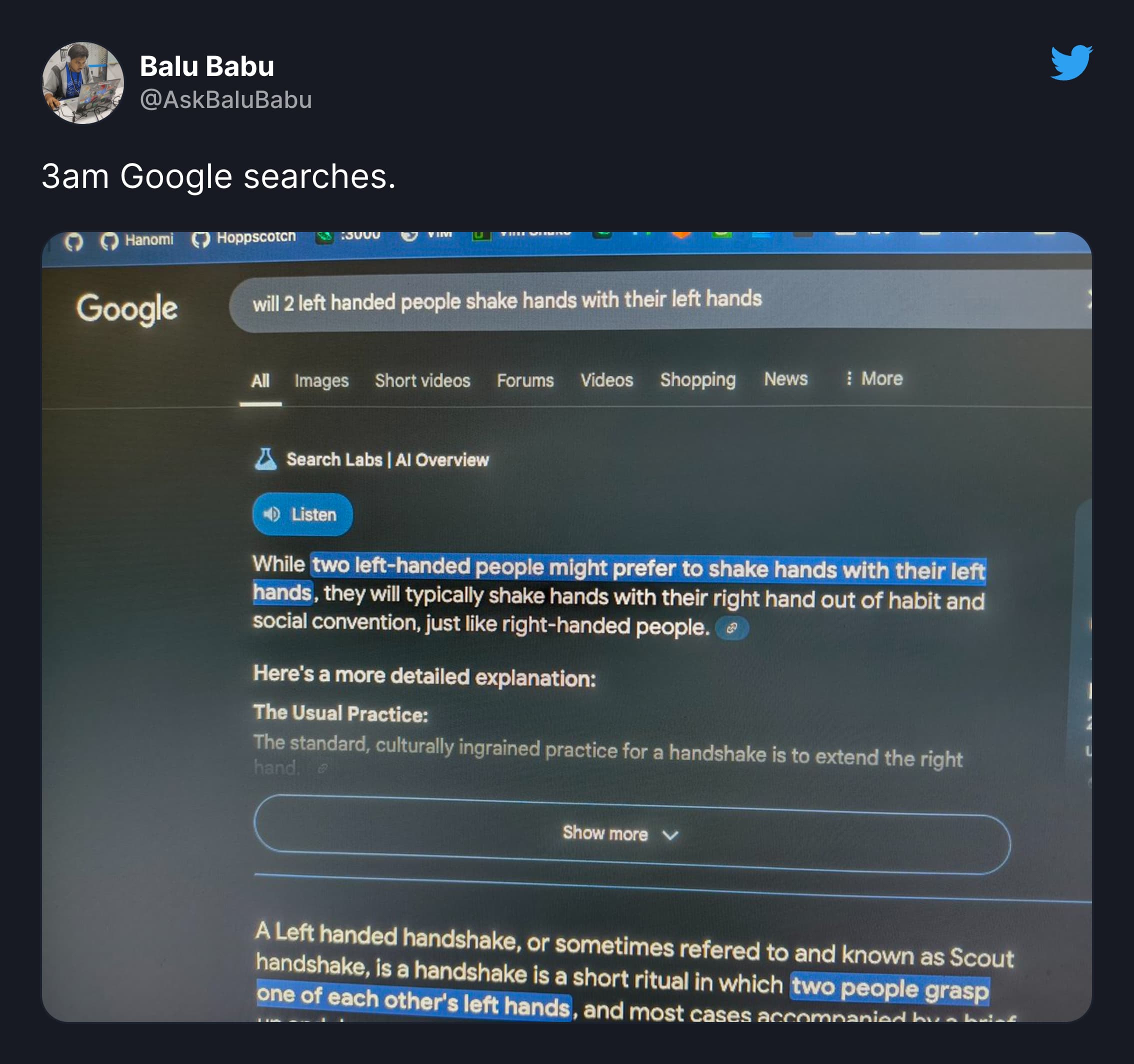 Screenshot of a tweet about random thoughts and musings
